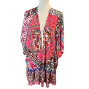 NWT Umgee Boho Floral Lightweight Short Sleeve Kimono With Front Tie Size M/L
